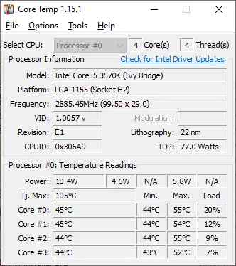 نمایی از نرم افزار Core Temp