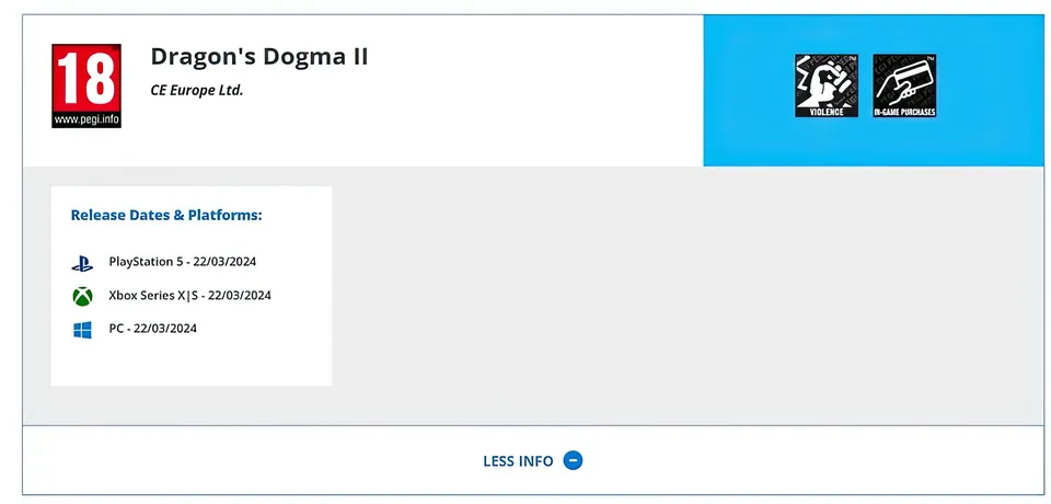 درجه سنی منتشر شده توسط PEGI برای بازی Dragon’s Dogma 2