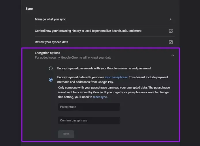 فعال سازی قابلیت SYNC PASSPHRASE در مرورگر کروم
