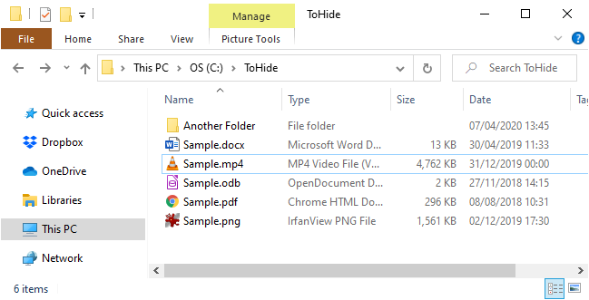 Hide file in Windows 10