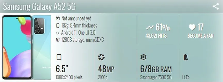 مشخصات احتمالی گلکسی A52 5G