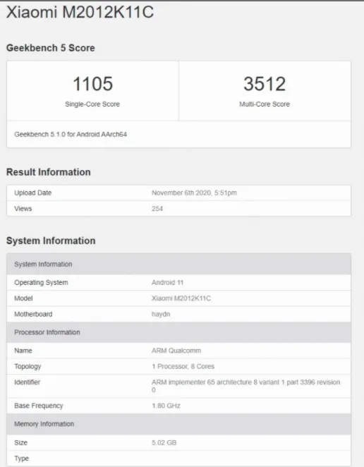 امتیاز گیک بنچ مربوط به شیائومی Mi 11 با پردازنده‌ی اسنپدراگون 875