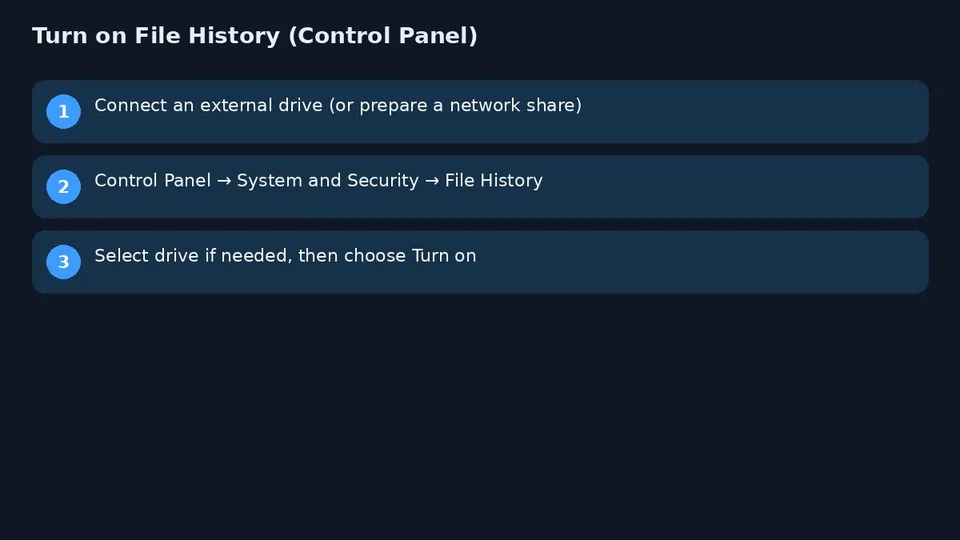 Turn on File History via Control Panel path