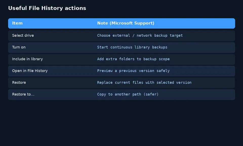 Useful File History actions table