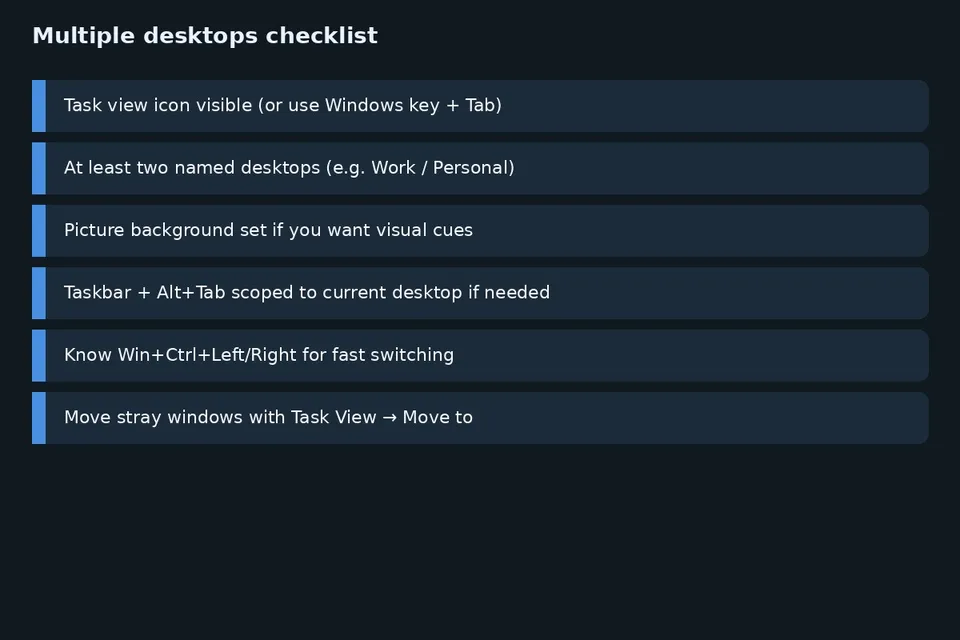 Multiple desktops checklist